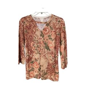 Chico’s Earthy Floral Cutout Neck 3/4 sleeves Knit Top SZ0 = SZ S